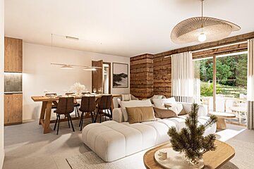 An artist 's impression of a living room and dining room