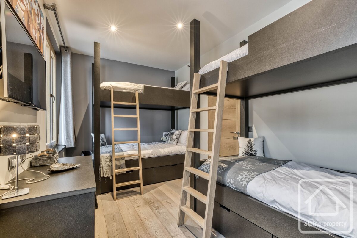 A bedroom with bunk beds and a sign that says alpha property