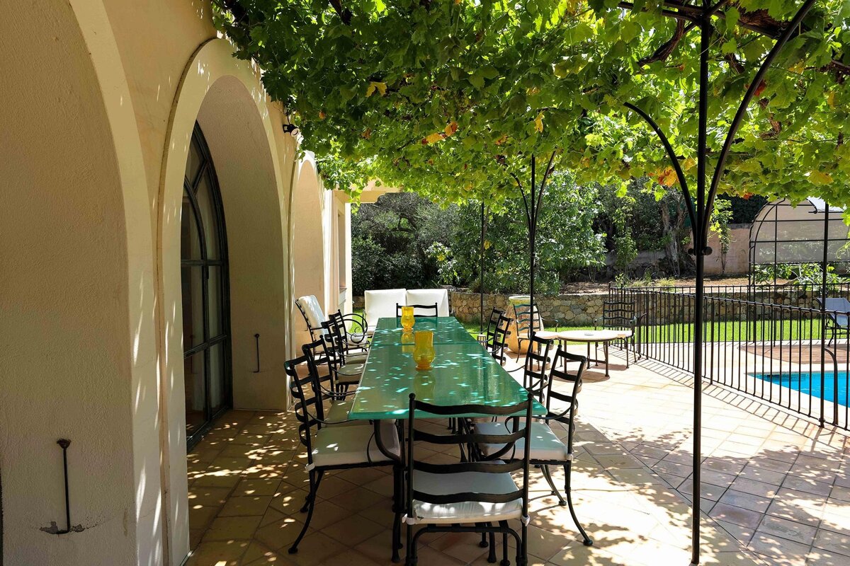 A patio with a table and chairs under a canopy