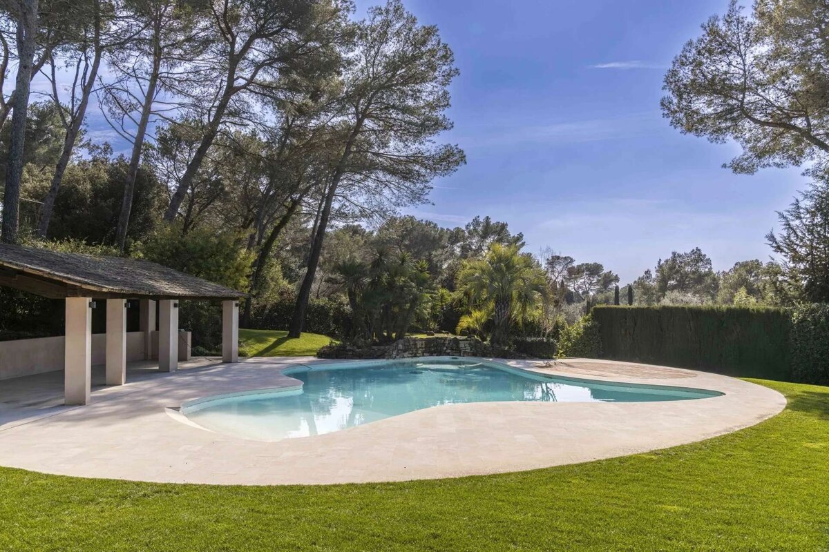 An irregular-shaped swimming pool surrounded by a patio, green lawn, covered area, and lush trees under a bright blue sky.
