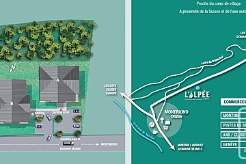 An architectural plan and location map of "L'Alpée" in Montriond, showing building layouts and nearby ski domains.