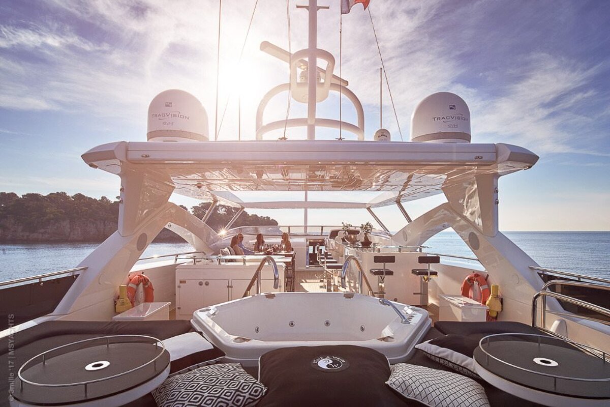 The back of a yacht with a jacuzzi on the deck