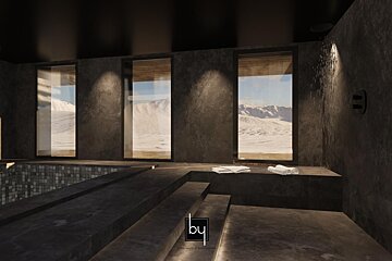 A rendering of a swimming pool with mountains in the background