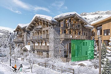 A snowy alpine resort features luxurious stone and wood chalets with balconies, set against a backdrop of mountains. Two people with snowboards walk through the winter landscape.