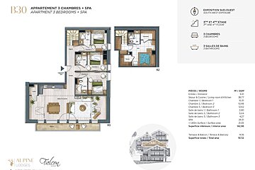 A floor plan for an apartment with 3 bedrooms and a spa