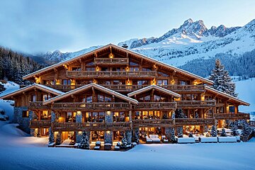A grand wooden chalet glowing warmly in deep snow, set against majestic, snow-covered mountains at dusk.