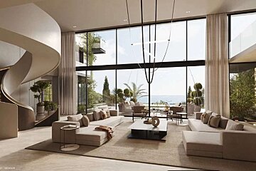 Luxurious modern living room with floor-to-ceiling windows showcasing an ocean view, an elegant spiral staircase, and neutral-toned furniture.