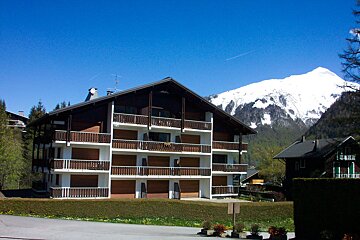 A large building with a mountain in the background