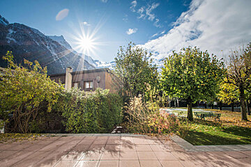 The sun is shining through the trees in front of a house