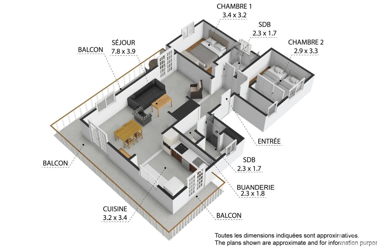 A 3D isometric floor plan of a 2-bedroom apartment with a living room, kitchen, 2 bathrooms, laundry, and balconies, showing room dimensions.