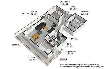 A 3D floor plan showing a 2-bedroom apartment with living room, kitchen, 2 bathrooms, laundry, entrance, and multiple balconies, all with dimensions.