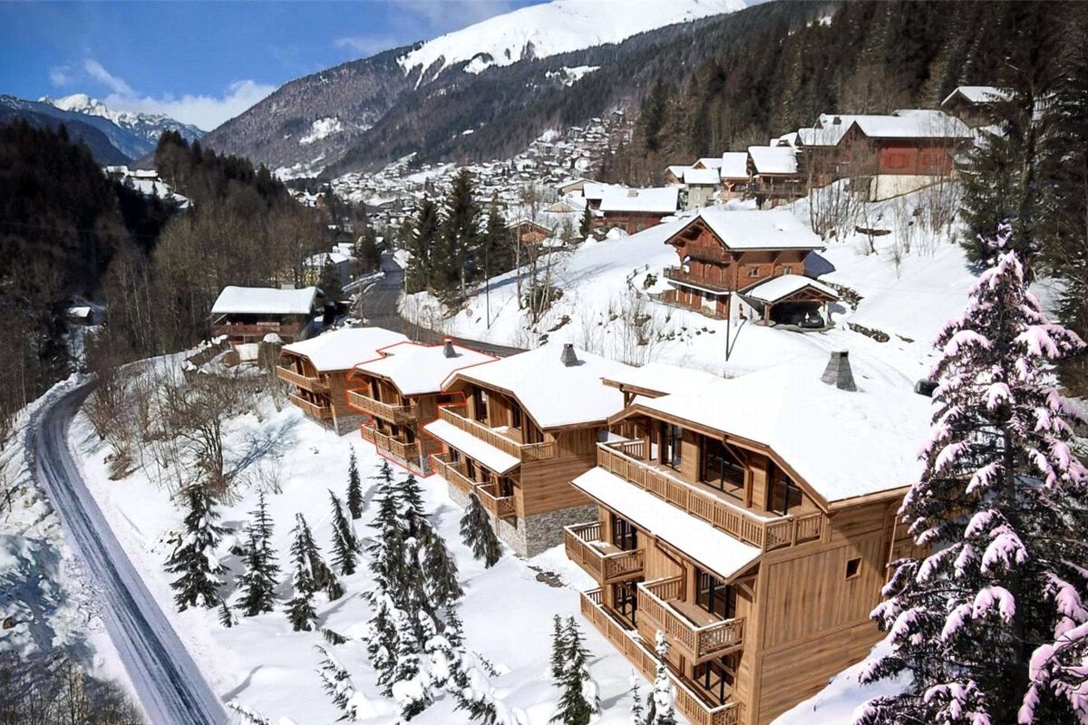 A snowy landscape with a few houses in the foreground