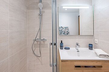 A bathroom with a sink a mirror and a shower