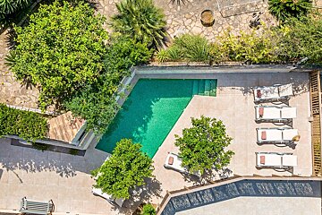 An aerial view of a swimming pool surrounded by trees and chairs