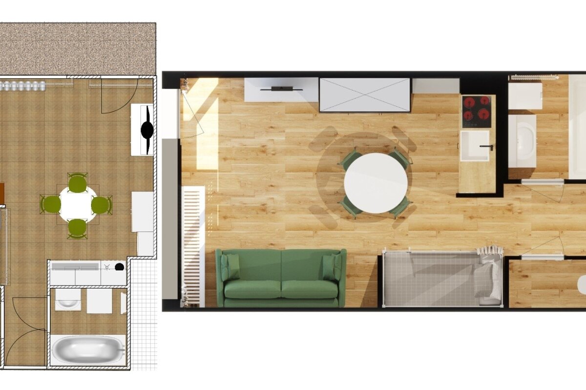 Two overhead apartment floor plans. The left has dining and bath, the right an open-plan living/kitchen/bedroom and bath.