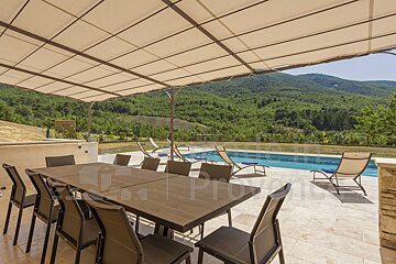 A patio with a table and chairs and a sign that says property