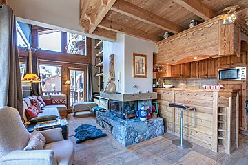 Cozy, rustic chalet living room with extensive wood paneling, a prominent stone fireplace, large windows, and an integrated kitchen/bar area.
