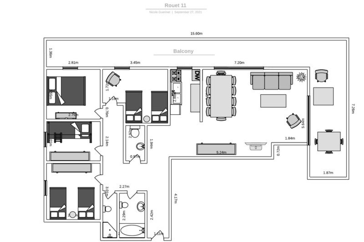 Detailed black and white architectural floor plan of a 4-bedroom apartment with a large wrap-around balcony.