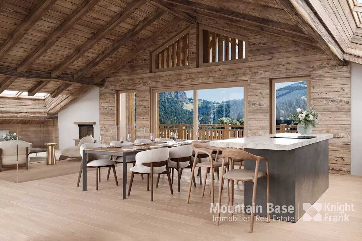 A kitchen with a table and chairs and a sign that says mountain base