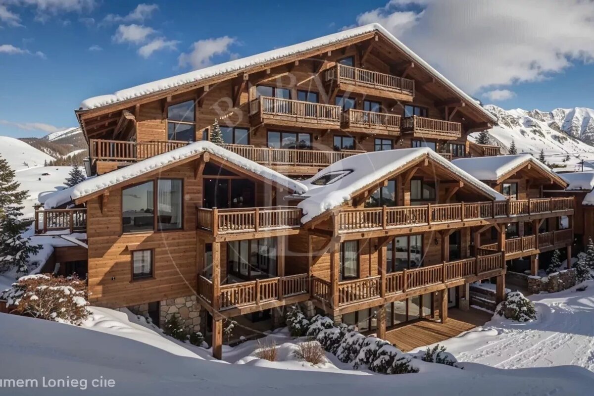 Grand wooden chalet with multiple balconies and snow-covered roofs, nestled in a pristine snowy mountain landscape under a clear blue sky.