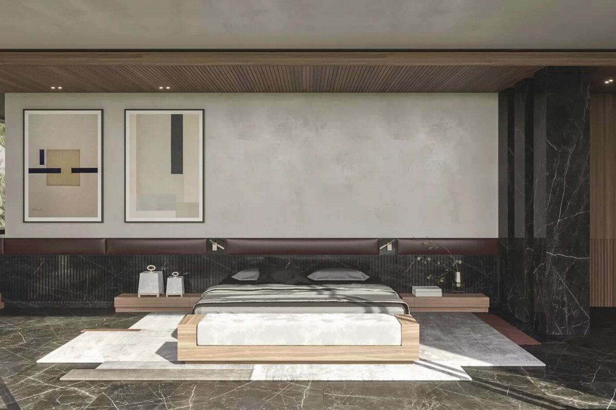 A luxurious, modern bedroom with dark marble, wood accents, abstract art, and a sleek, minimalist design.