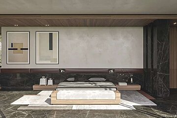 A luxurious, modern bedroom with dark marble, wood accents, abstract art, and a sleek, minimalist design.
