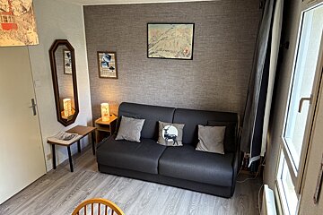 A cozy room with a dark gray sofa bed, deer cushion, textured gray wallpaper, and wooden floor. Decorated with mountain art, a mirror, and ambient lamps.