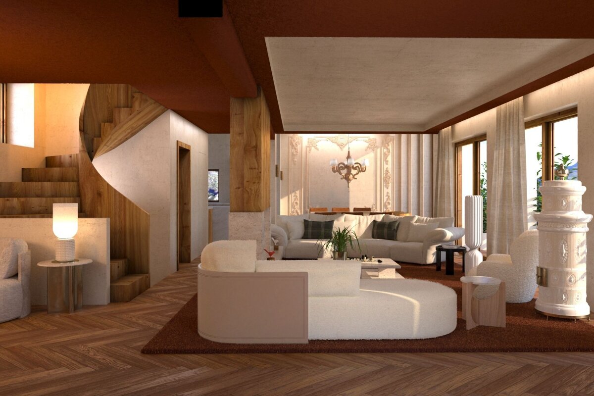 A living room with a spiral staircase in the background