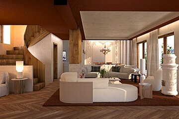 Modern, luxurious interior with a grand spiral wooden staircase, white curved sofas, herringbone wood floor, and warm brown ceiling.