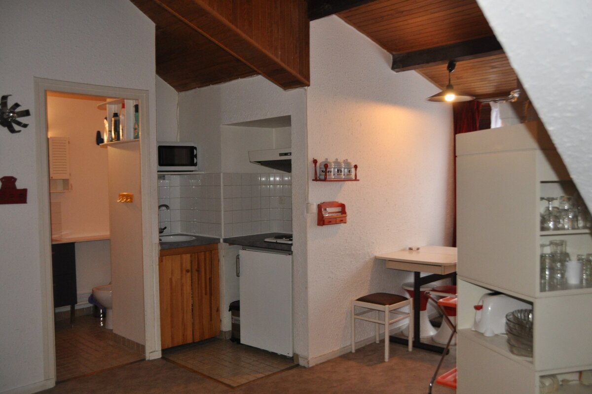 A compact interior features a small kitchen with a microwave and sink, a dining area, and a partial view of a bathroom through a doorway, under a sloped wooden ceiling.
