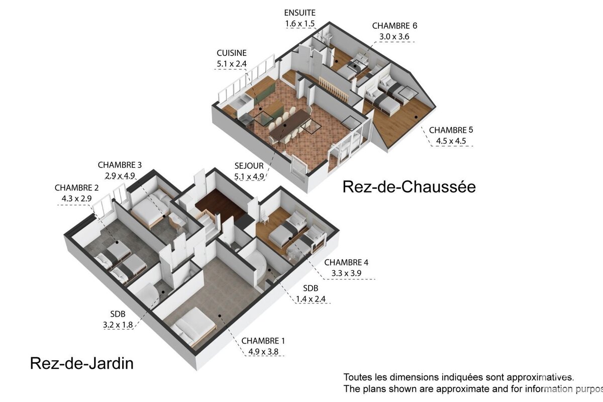 3D floor plan showing two levels, Rez-de-Jardin and Rez-de-Chauss&eacute;e, with multiple bedrooms, bathrooms, a kitchen, and living area.
