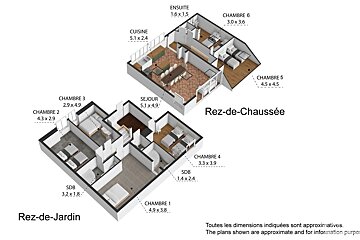 3D floor plan showing two levels, Rez-de-Jardin and Rez-de-Chauss&eacute;e, with multiple bedrooms, bathrooms, a kitchen, and living area.