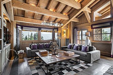 A living room with a wooden ceiling and a sign that says alpes