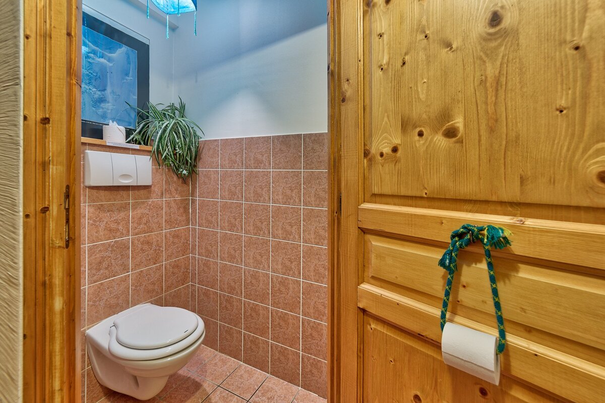 A small, rustic bathroom features brown tiled walls, a white wall-mounted toilet, and a knotty pine door with hanging toilet paper. A plant and artwork add detail.