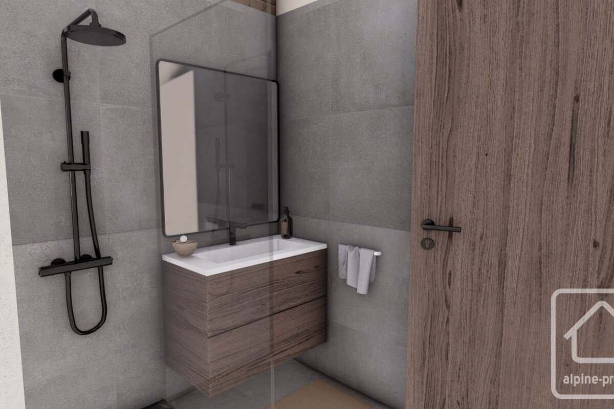 A rendered modern bathroom with grey tiled walls, a black shower fixture, a wooden vanity with a white sink and mirror, and a wooden door.