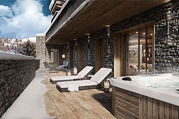 An artist 's impression of a balcony with lounge chairs and a hot tub