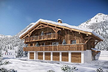 A grand wooden chalet with a snow-covered roof, set in a snowy mountain landscape with pine trees, under a bright blue sky. A snowman is nearby.