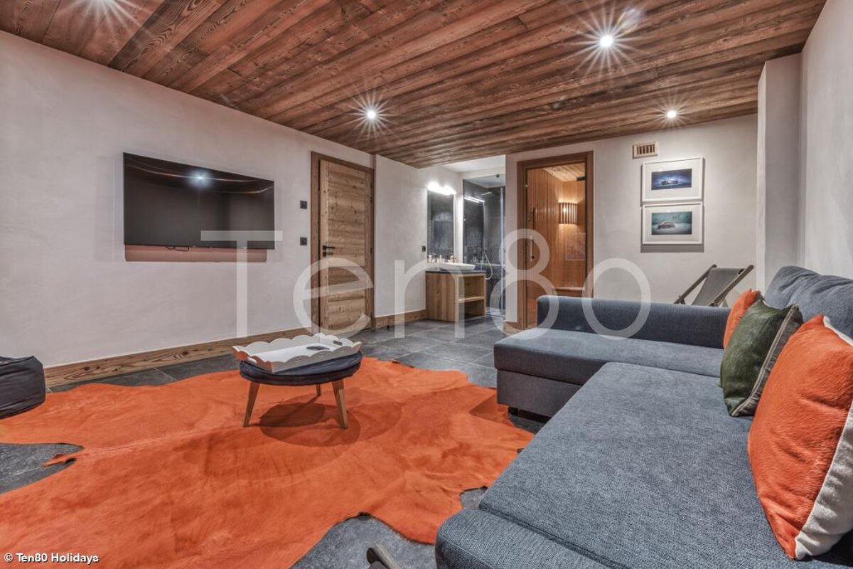 A cozy living room with a wooden ceiling, gray sectional sofa, orange cowhide rug, TV, and a glimpse of a bathroom/sauna area.