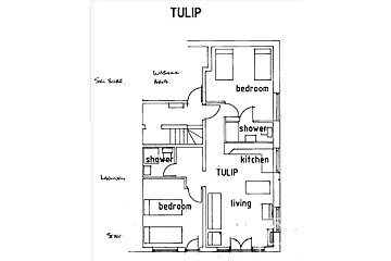 A black and white floor plan of a tulip apartment