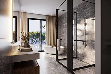 A modern, luxurious bathroom with a freestanding tub, walk-in glass shower, double vanity, and a large window offering a stunning natural view.