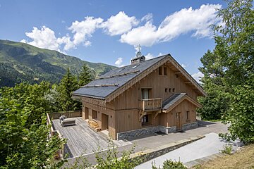 A wooden house with a satellite dish on top of it