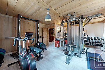 A rustic home gym with wooden walls and ceiling, featuring an exercise bike, weight rack, dumbbells, and a multi-station gym machine.
