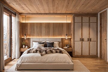Cozy chalet-style bedroom featuring warm wood paneling, a bed with a fur throw, and elegant pendant lights.