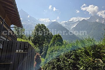 A wooden chalet's balcony overlooks lush green trees, with majestic snow-capped mountains and glaciers towering under a bright blue sky.
