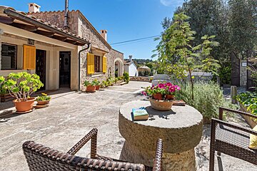 A stone table with a book on it and a potted plant
