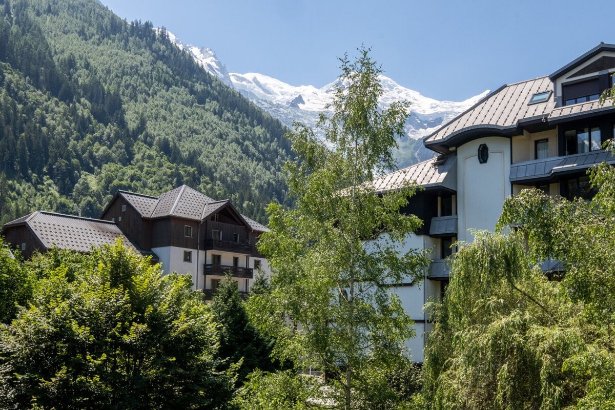 A building with a mountain in the background is surrounded by trees