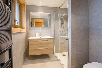 A bathroom with a walk in shower and a sink