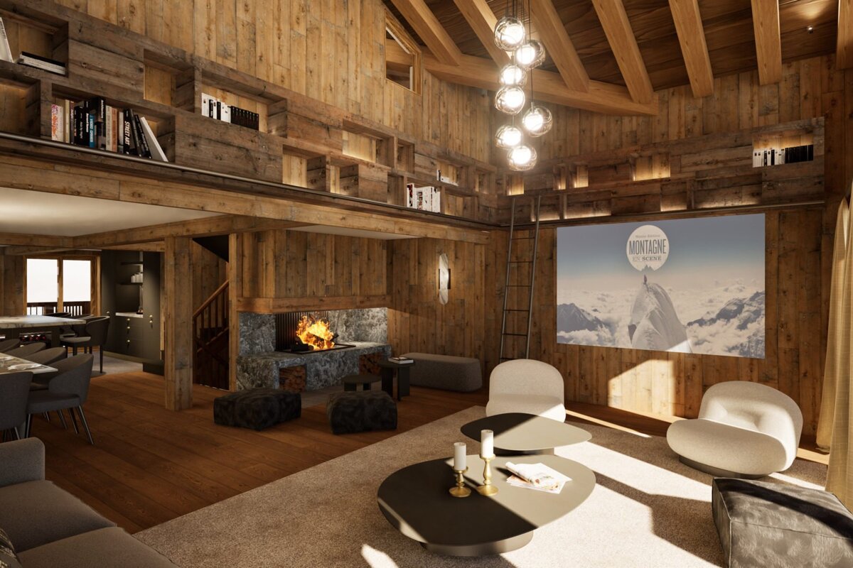A living room with a projector screen that says montagne on it