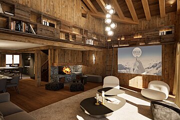 Rustic yet modern chalet living room with extensive wood, a warm fireplace, a large projector screen, and cozy seating.
