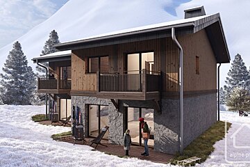 A rendering of a two-story alpine chalet in the snow, featuring wood and stone construction with balconies.